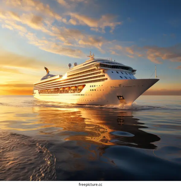 Large cruise ship on calm water at sunset