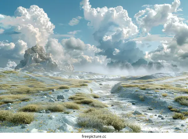 Arid Desert Landscape with Rock Formations Under a Cloudy Sky