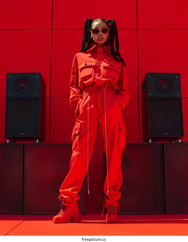 A woman in a red jumpsuit standing in front of a red background