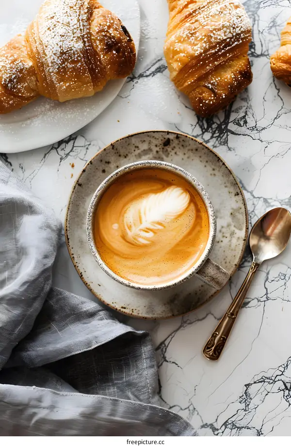 Cappuccino Coffee with Croissants on a Marble Table