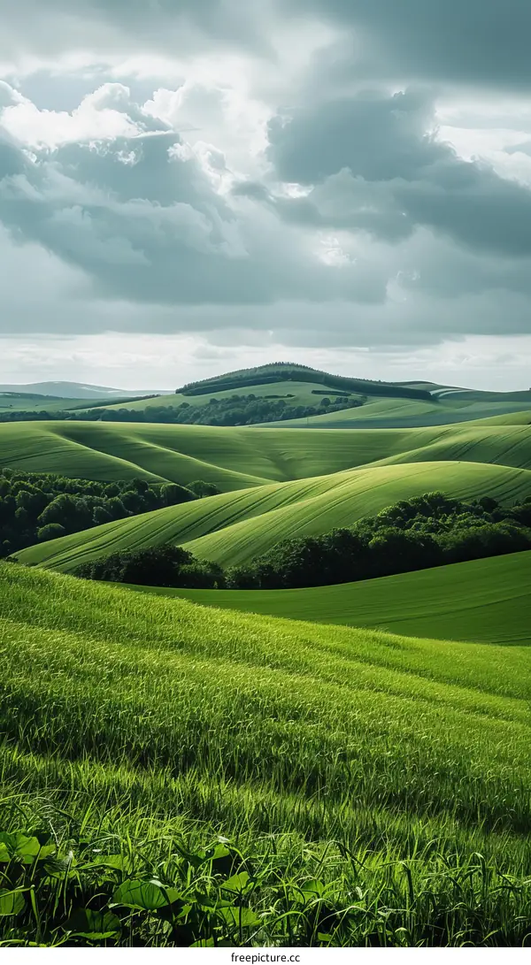 Rolling Green Hills Under Cloudy Sky