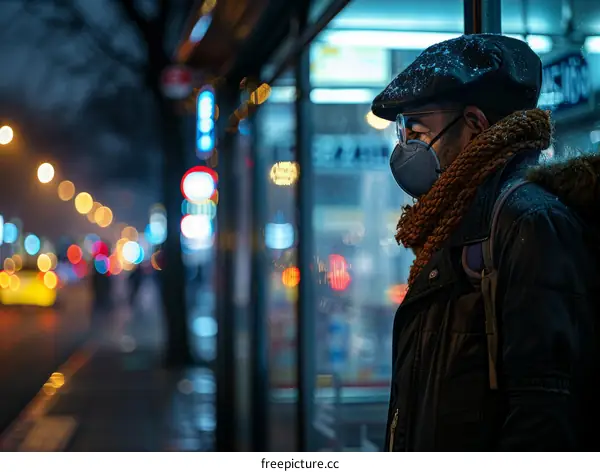 Man wearing a mask waiting for the bus at night in the city