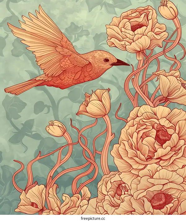 Floral Bird Illustration With Red Flowers And Green Background