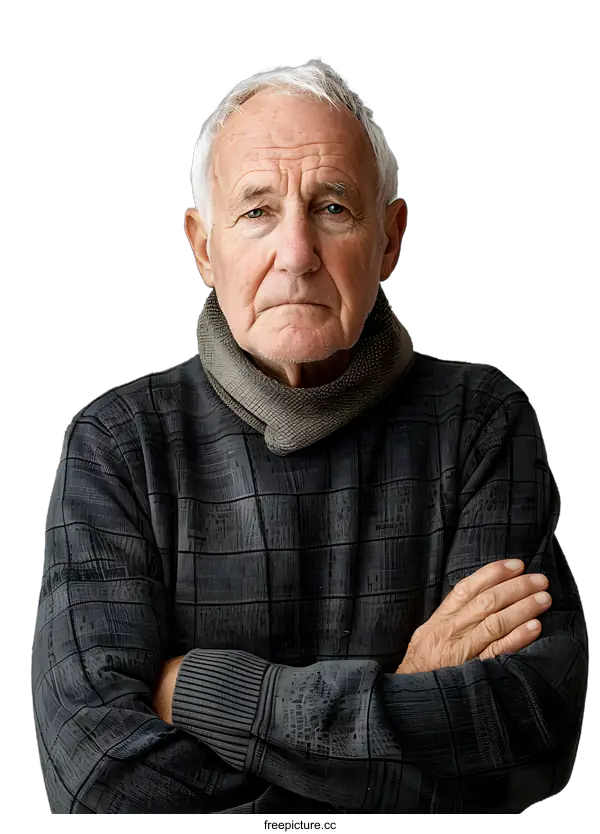 [Transparent Background PNG]Portrait of an elderly man with white hair and a gray sweater
