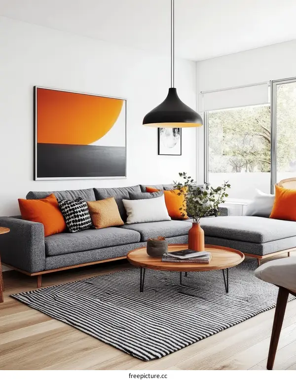 Modern Living Room Interior Design with Orange Accents