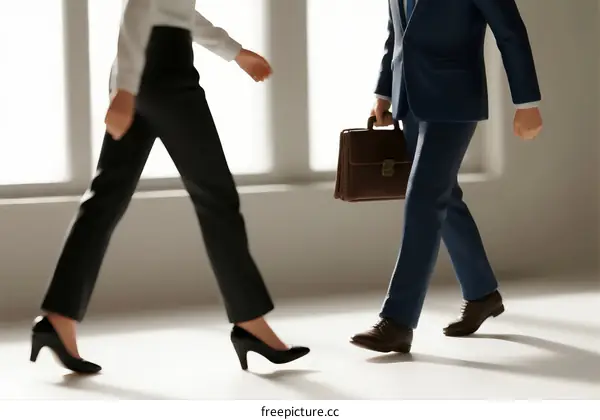 Two business figurines walking towards each other in an office setting