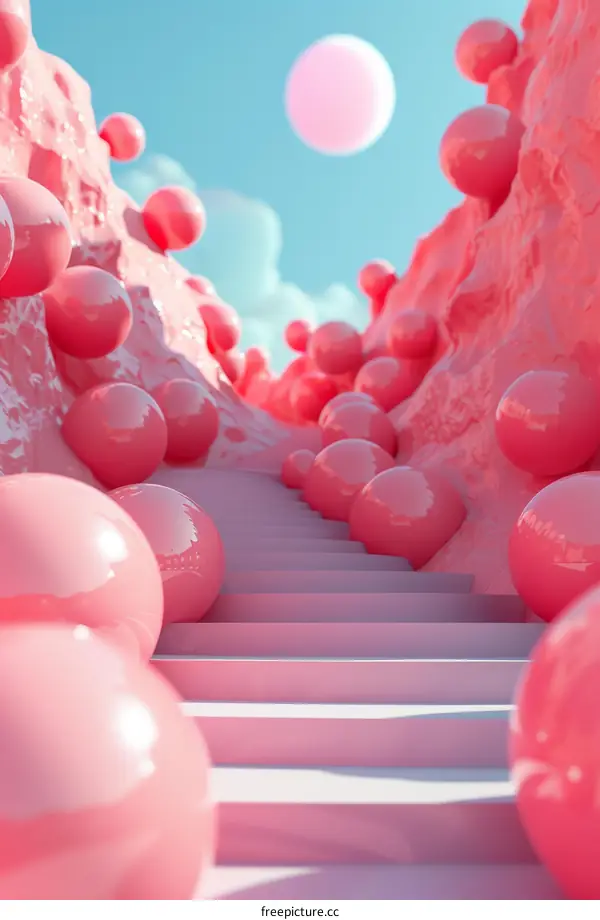 Pink Surrealistic Landscape with Pink Balls Floating in Air