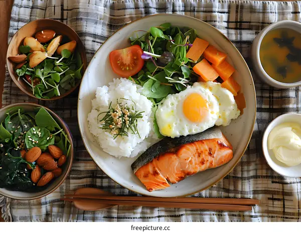 Grilled Salmon with Fried Egg and Rice
