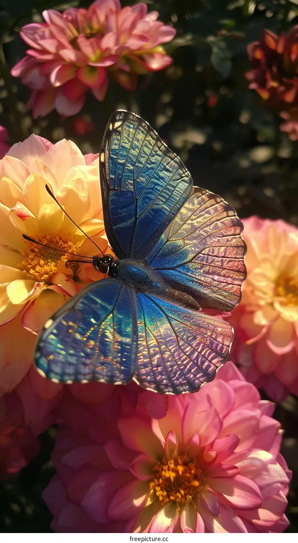 A blue morpho butterfly on a pink flower