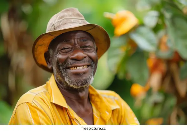 Smiling African Man in a Yellow Shirt in a Farm