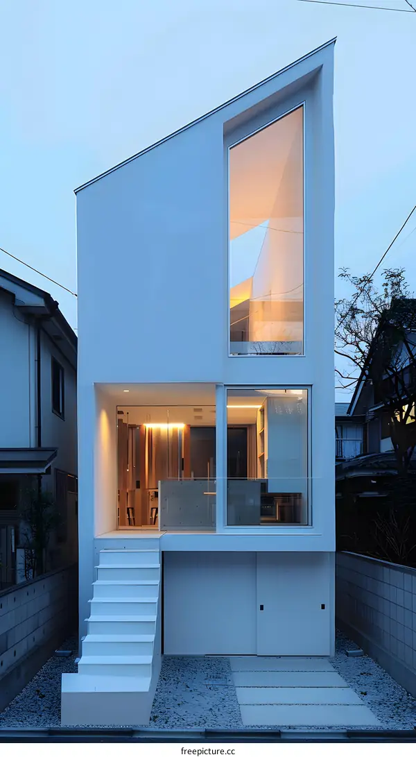 Modern Minimalist White House with Large Windows and Stairs