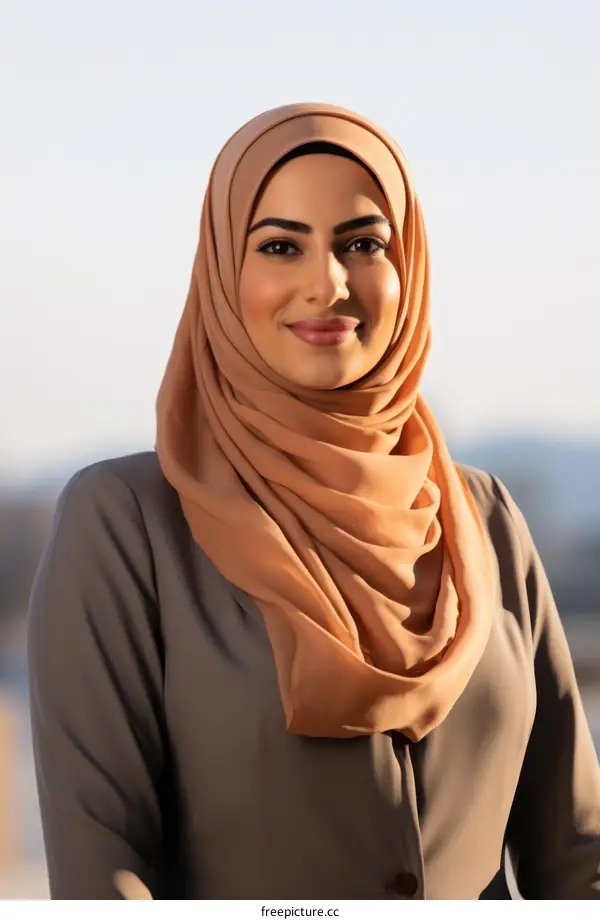 A young woman wearing a brown hijab is smiling at the camera