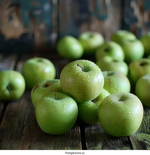 A pile of green apples with water drops on a wooden table