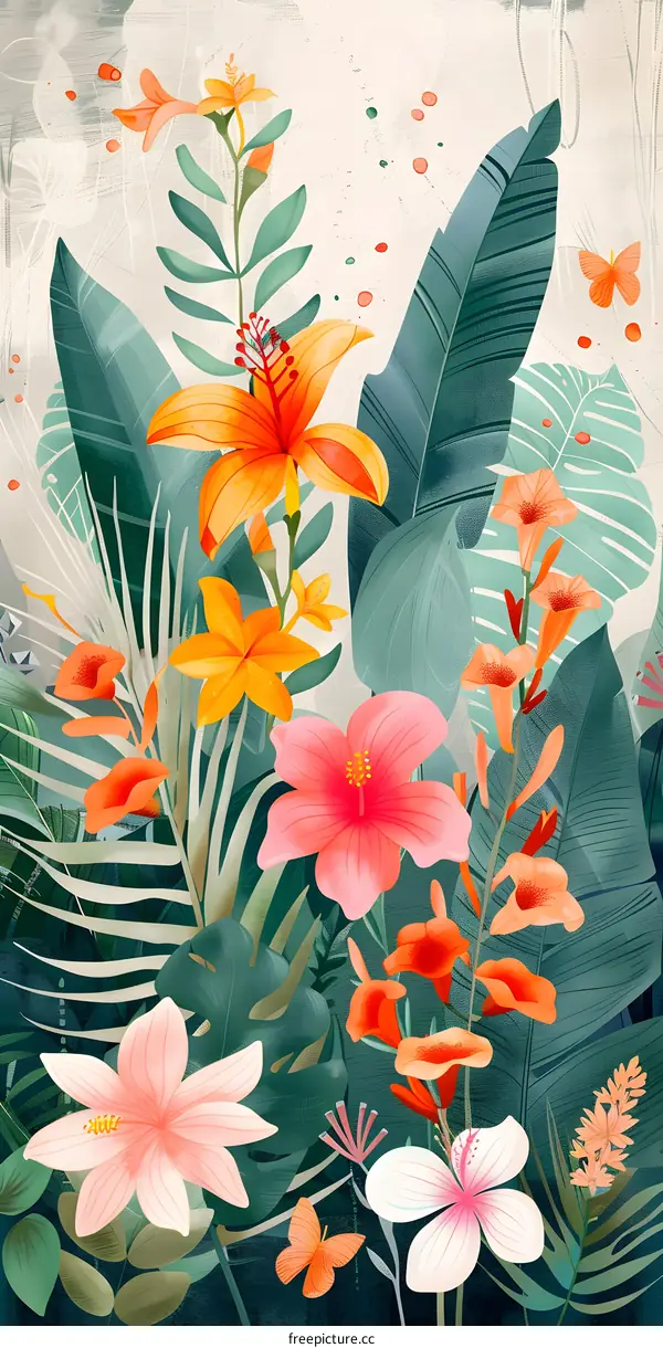 Tropical Floral Illustration with Exotic Flowers and Butterflies
