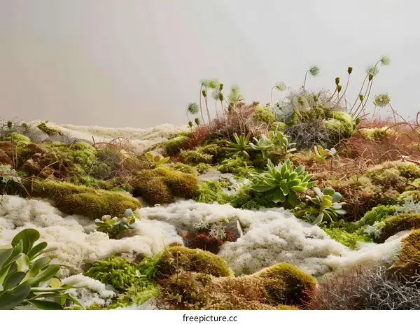 Green Moss and Succulents on Sand
