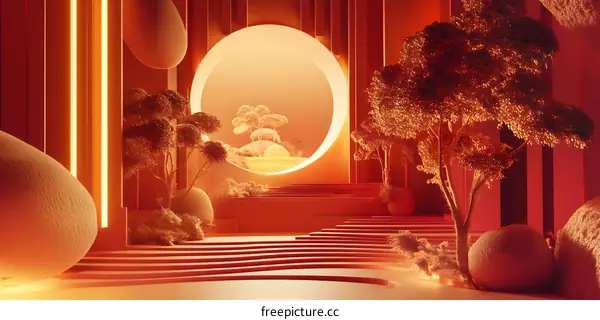 Abstract Orange Minimalist 3D Render with Circular Opening and Tree