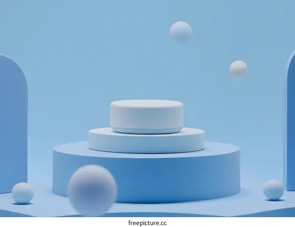 Abstract Minimalist Blue 3D Rendering With Circles and Platforms