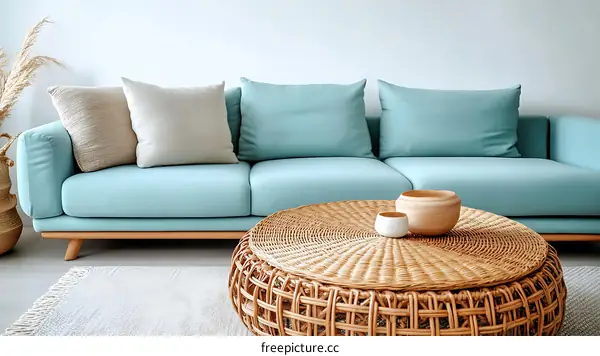 Stylish Teal Sofa and Wicker Coffee Table Living Room