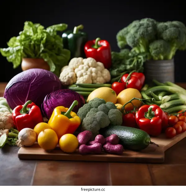 A variety of fresh vegetables are arranged on a wooden table.