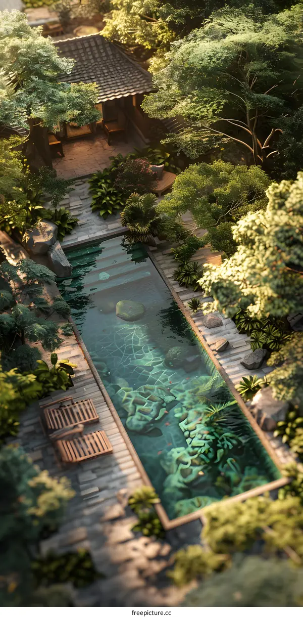 A luxurious swimming pool in a lush tropical rainforest