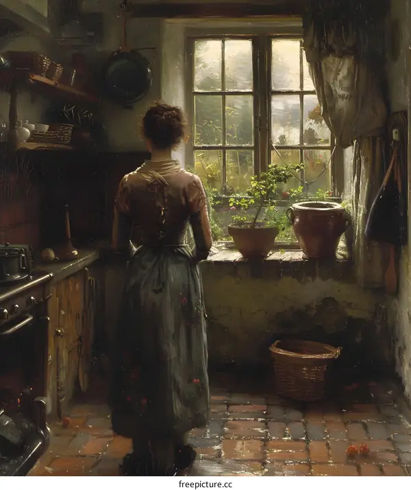 A woman standing in a kitchen looking out the window