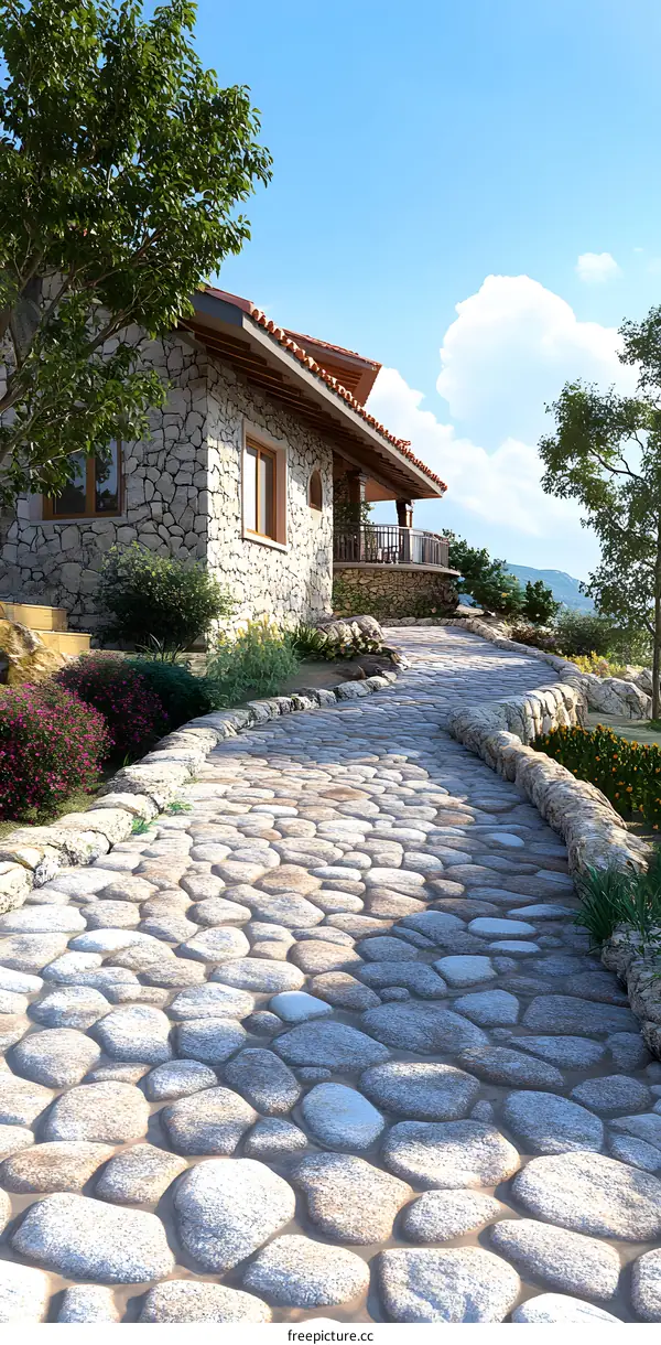 Cobblestone Path Leading to Stone House with Balcony