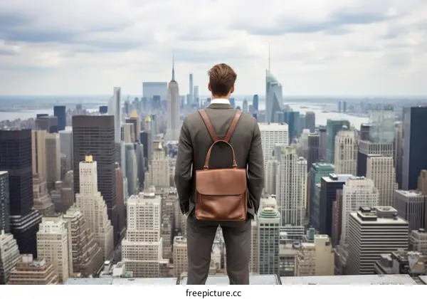 Businessman looking at cityscape from rooftop