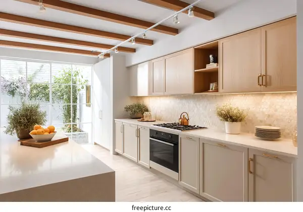 Modern Kitchen with Light Wood Cabinets and Outdoor View