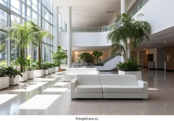 Atrium with White Leather Furniture and Potted Palm Trees