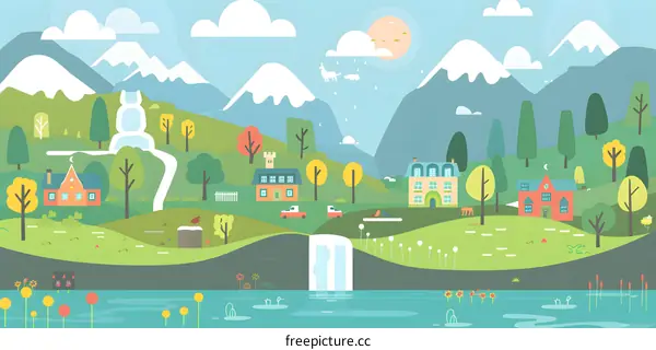 Cartoon Illustration of a Small Town in a Mountain Valley