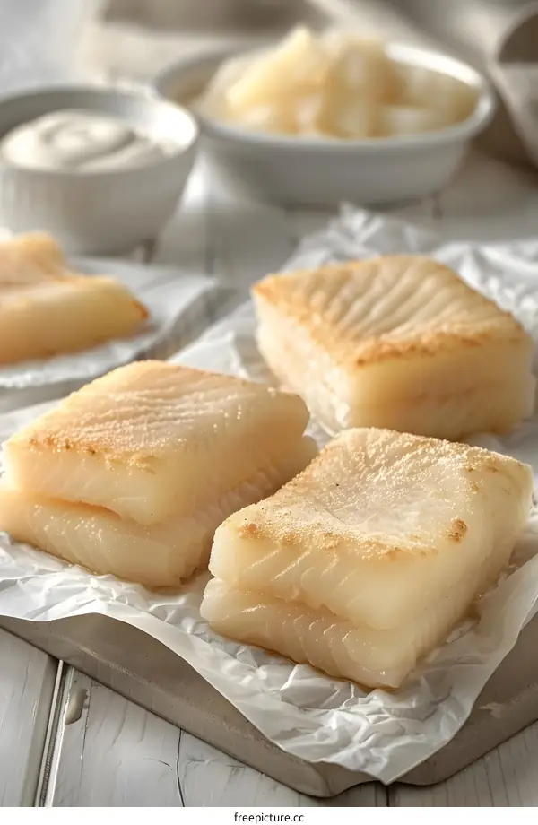 Four pieces of raw cod loin