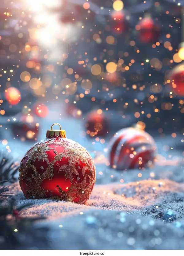 Sparkling Crimson Christmas Ornament on a Snowy White Background Adorned with Golden Lights