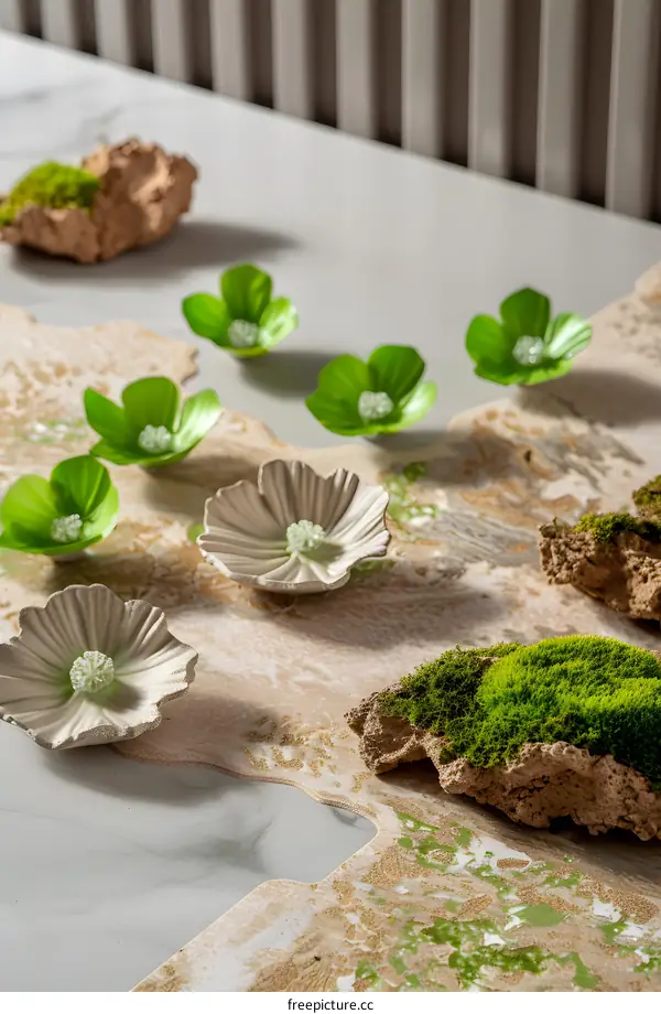Decorative Flowers with Green Moss on Marble Table