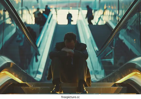 A business person sitting on the stairs with head in hands