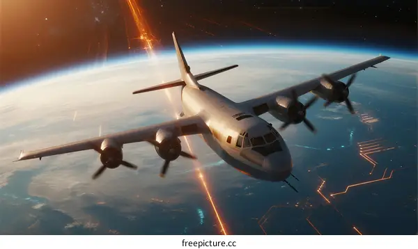 Military Transport Aircraft Flying Above Earth's Surface
