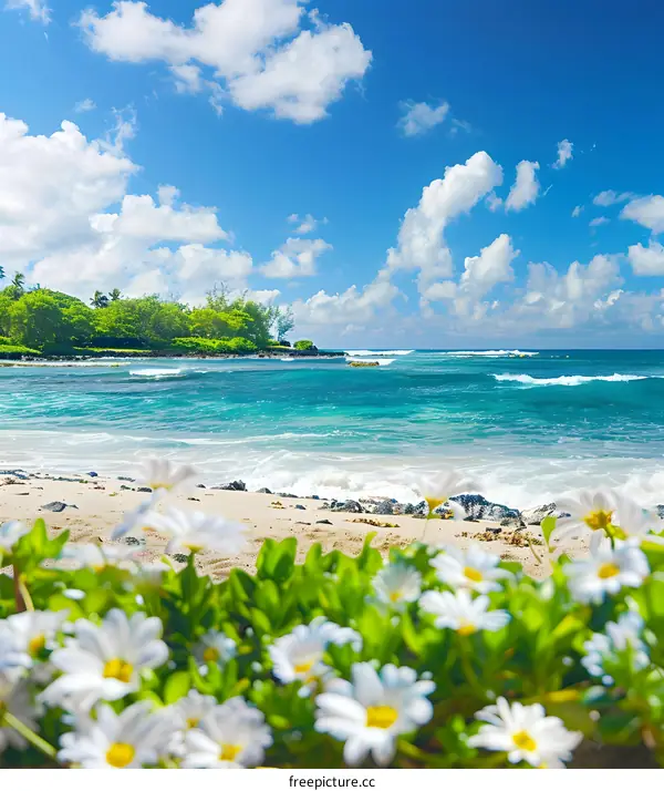 Beautiful Tropical Beach Scene with White Flowers