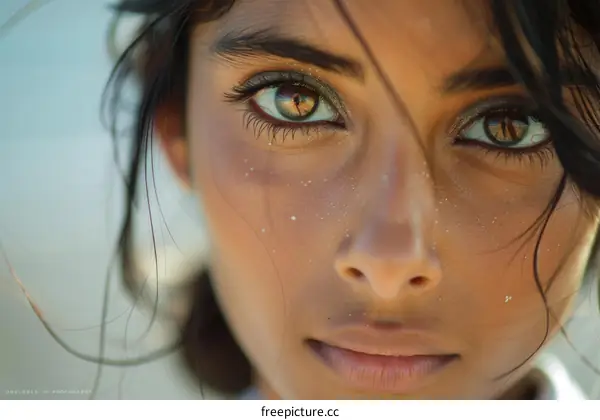 Portrait of a young woman with brown eyes and dark hair