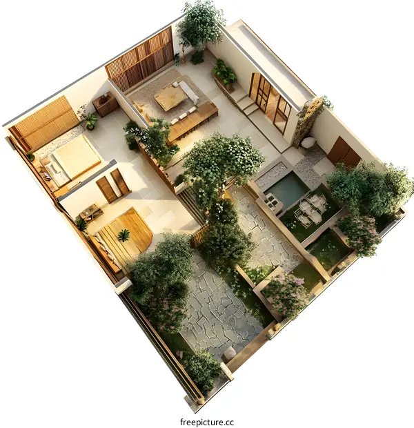 Top View Illustration of a Modern House with a Patio and a Backyard Garden