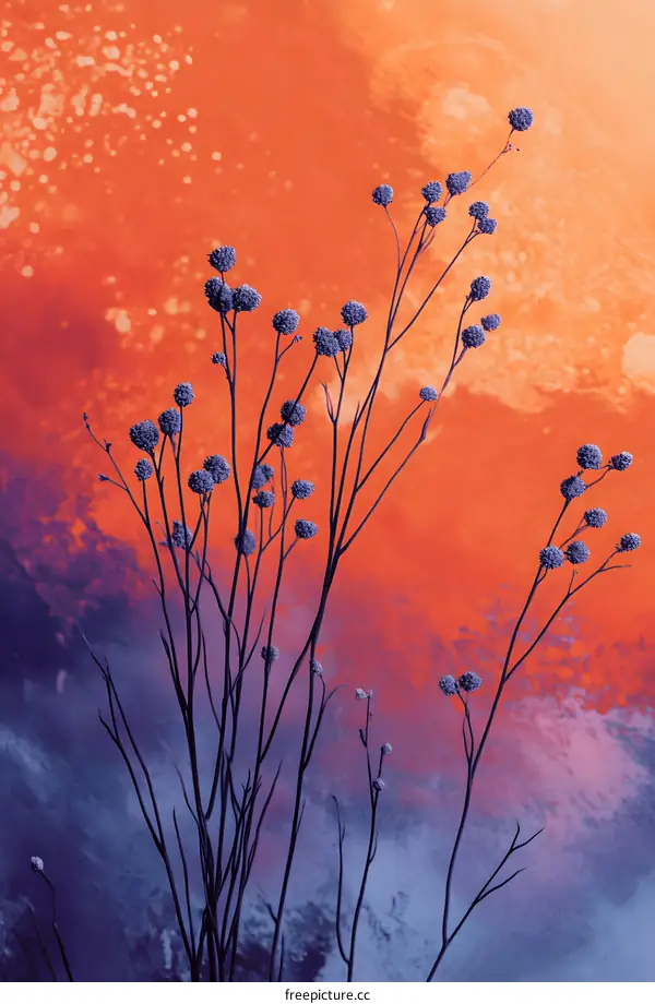 Purple Flowers Against Vibrant Orange and Blue Sky