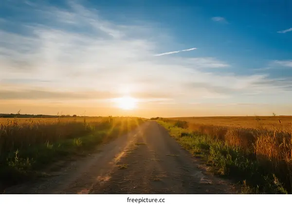 Sunset over a rural dirt road surrounded by golden fields