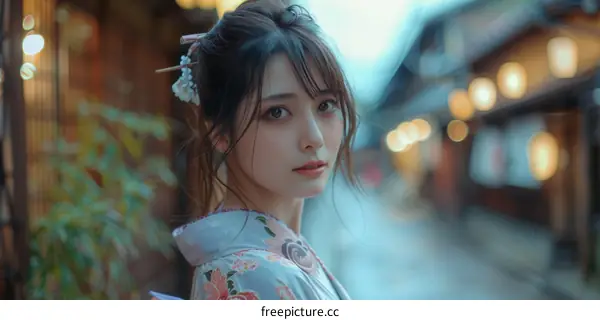 Asian Woman in Traditional Japanese Kimono in a Street Scene