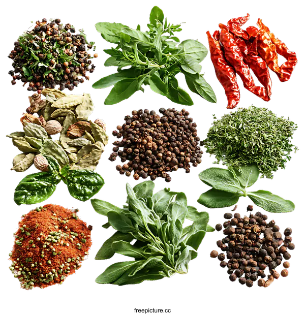 [Transparent Background PNG]Assortment of Fresh and Dried Spices and Herbs