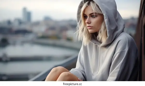 Young woman in a gray hoodie looking out over a city