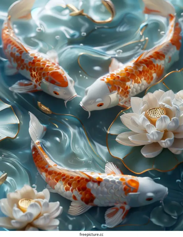 Three Koi Fish and Lotuses in a Blue Pond