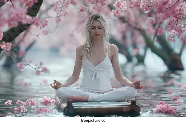 meditating woman in a beautiful lake with cherry blossoms
