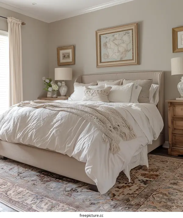 Elegant master bedroom with white bedding and a vintage rug