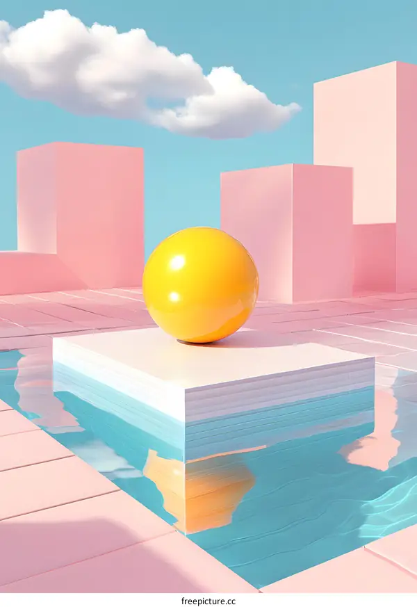 Abstract Yellow Sphere On Platform Above Pool Of Water