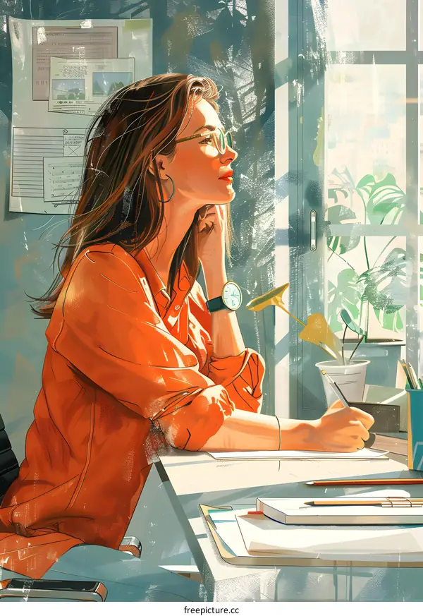 A woman in orange shirt is sitting on a chair and writing something