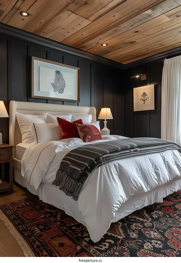 A bedroom with white walls and a wood ceiling
