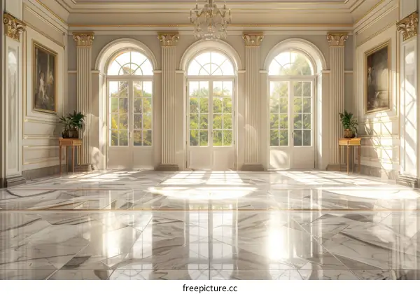Luxurious European Hall with Marble Floor and Large Windows